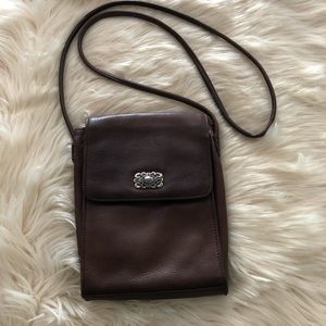 Fossil brown leather flap crossbody purse silver tone accent snap closure